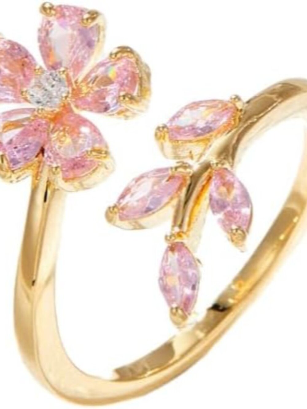 Delicate Flower Leaf Wrap Finger Ring for Women Pink Cubic Zirconia Crystal Flor